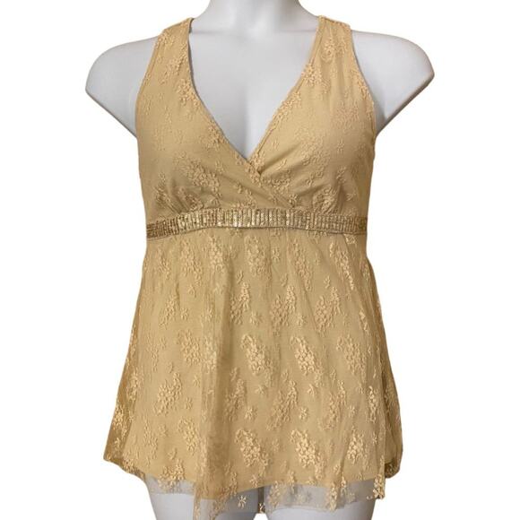 *NWT* NEW YORK & COMPANY beige lace overlay wrap style tank w/ sequins medium - Picture 1 of 8